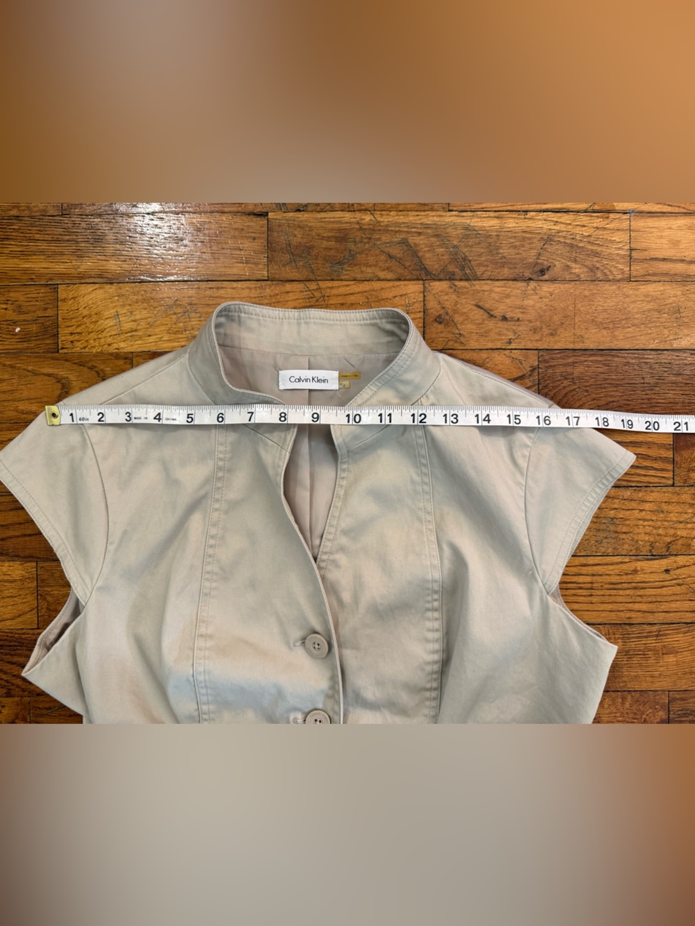 Calvin Klein Safari Sheath Midi Beige Belted Button Front Mock Neck Dress 12 - Picture 8 of 15